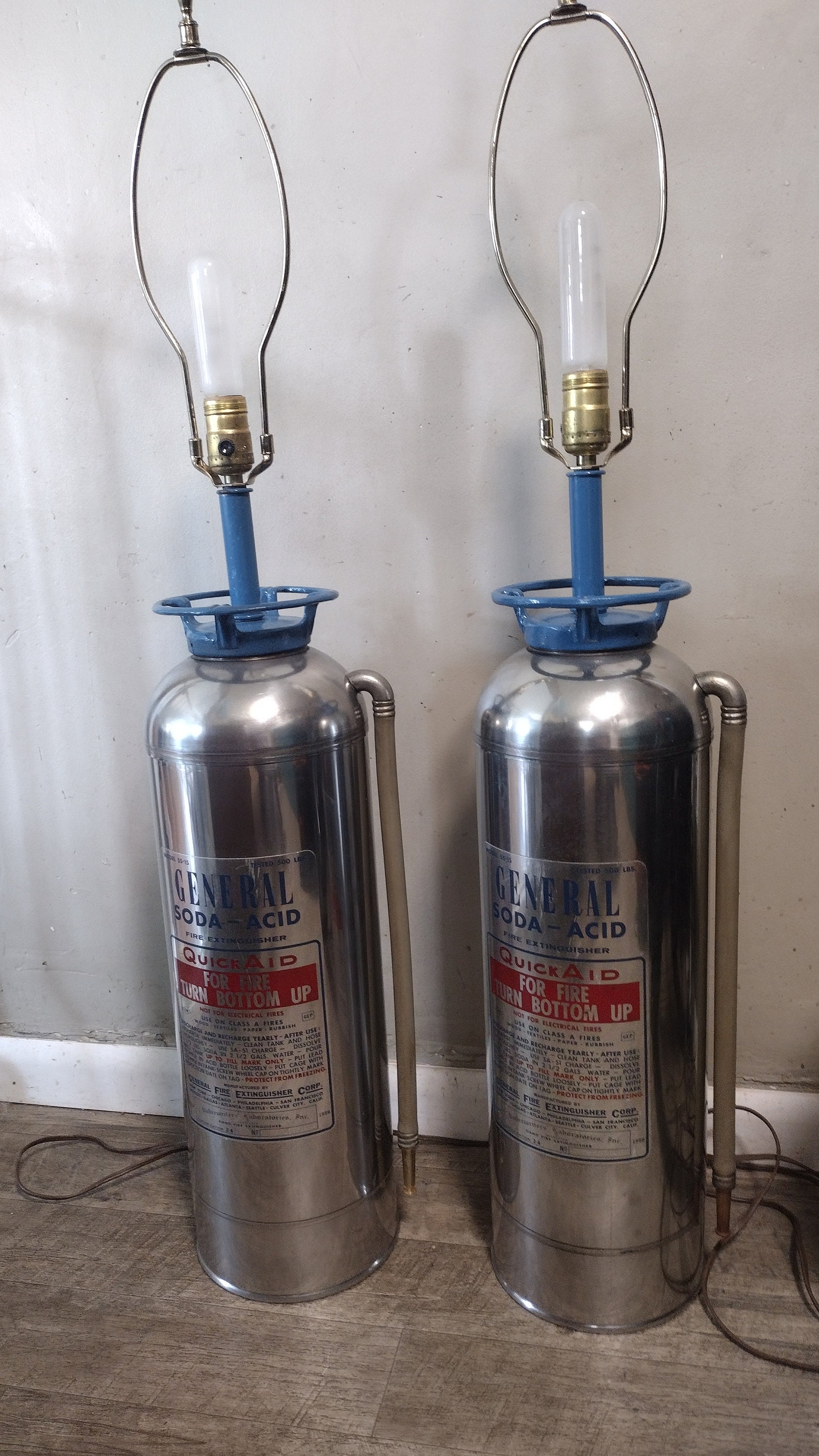 Vintage Industrial Lamp Pair General Fire Extinguisher SS-15 Soda Acid Firefighter