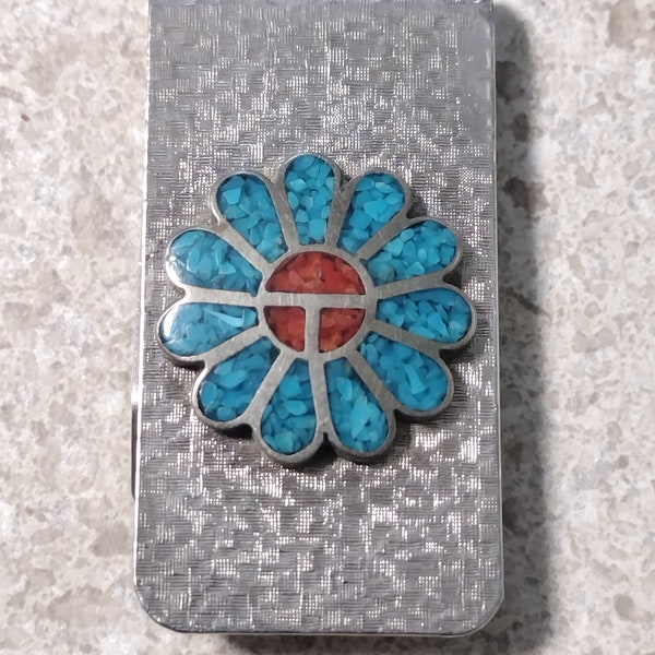Vintage Zuni Money Clip Sterling Silver Inlay Turquoise and Coral