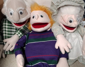 Vintage Puppets Grandpa Opa, Grandma Oma and Boy Half Body Hand Puppets