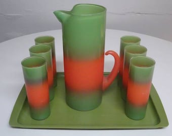 Blendo Green & Orange Frosted Glass Pitcher and Tumblers Complete Set With Tray - FREE SHIPPING