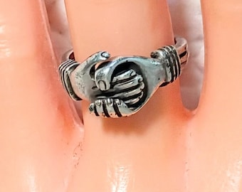 Vintage Sterling Silver Handshake Heart Fede Gimmel Lovers Betrothal Wedding Promise Ring
