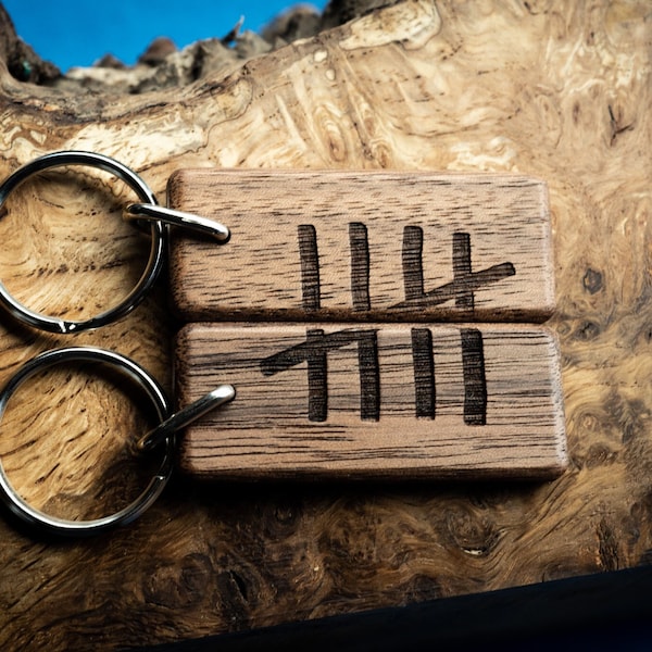 5th Anniversary Walnut Keyrings, Tally Mark Matching Keychain Set