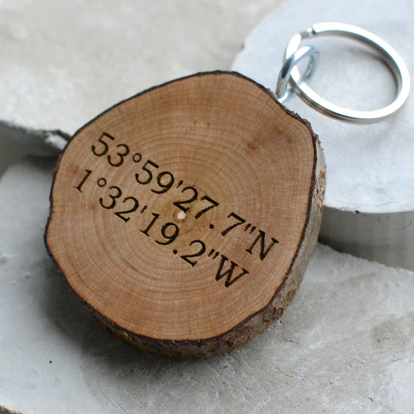 Coordinates Keyring 5th anniversary gift Coordinates Keychain Wooden Branch Key Ring Wooden Engraved Keychain Wooden Wood Anniversary