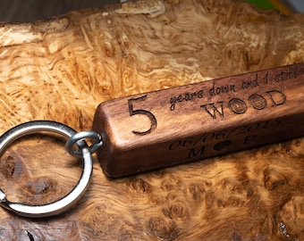 5th Anniversary Keychain: Engraved Irish Walnut Wood Keyring