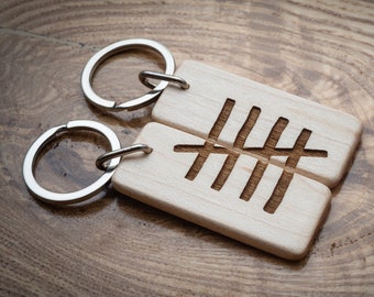 5th Anniversary Maple Wood Keyrings: Tally Mark Matching Keychain Set