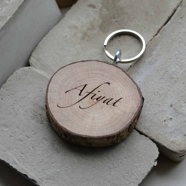 Name Keyring Name Keychain Log Slice Tree Slice Key Chain Wooden Branch Key Ring Wooden Engraved Keychain Wooden Wood Anniversary