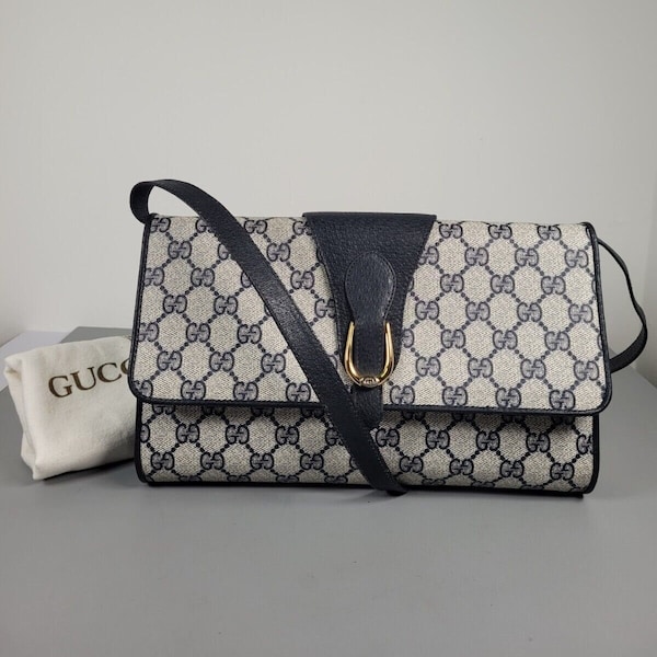 GUCCI Bag. Vintage Gucci Navy Blue Monogram shoulder bag/ clutch.