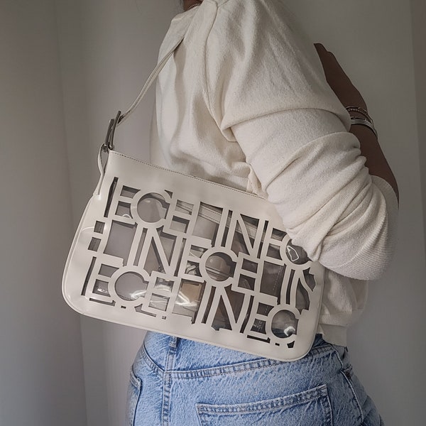 CÉLINE Bag. Celine Vintage  Cut out logo designe Cream / Off white  Leather Shoulder  Bag. Authentic Celine  designer purse from Y2K.