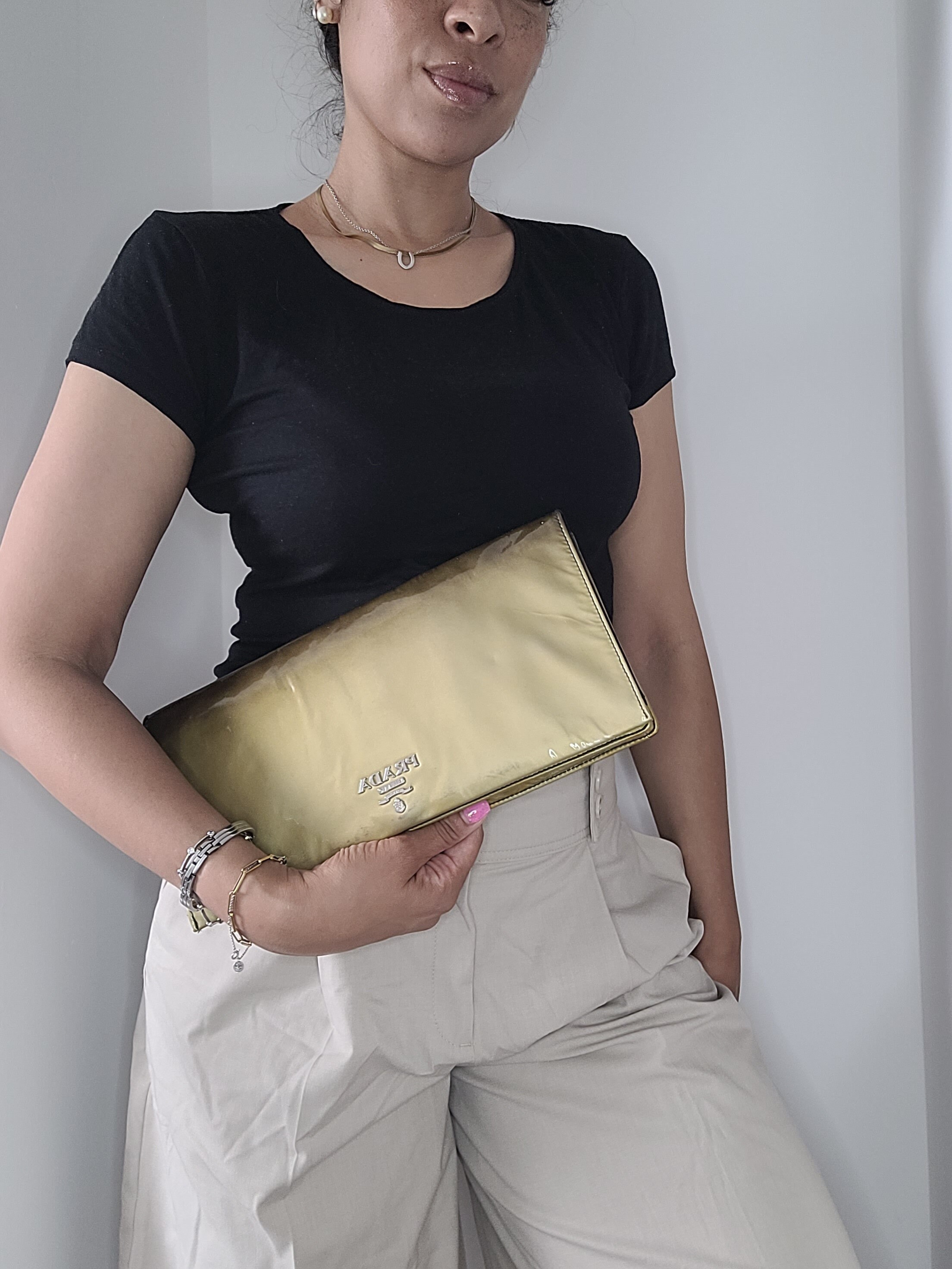 Prada raso gold envelope clutch size: 12.5” x 6”