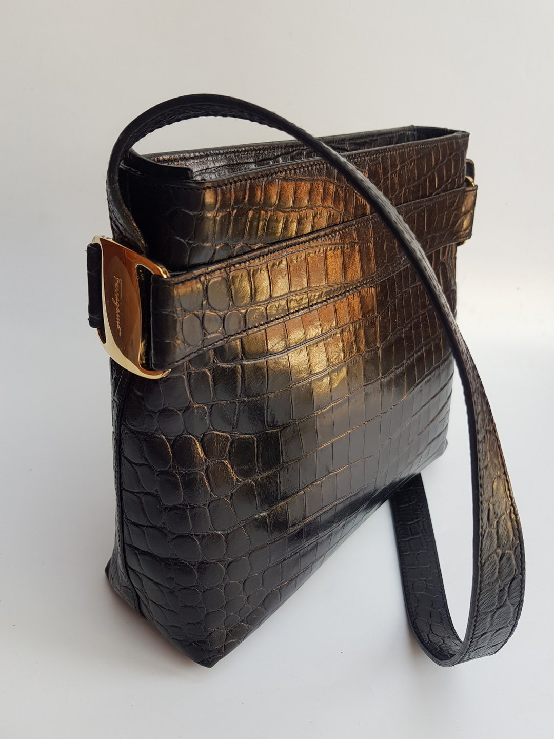 FERRAGAMO Bag. Salvatore Ferragamo Vintage Black Crocodile Embossed Leather Shoulder Bag. Italian Designer Purse. Etsy Singapore