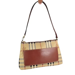 Burberry Haymarket Check Tartan Y2K Mini Pochette Shoulder Bag Vintage Authentic Designer Luxury Handbag Brown Leather Canvas