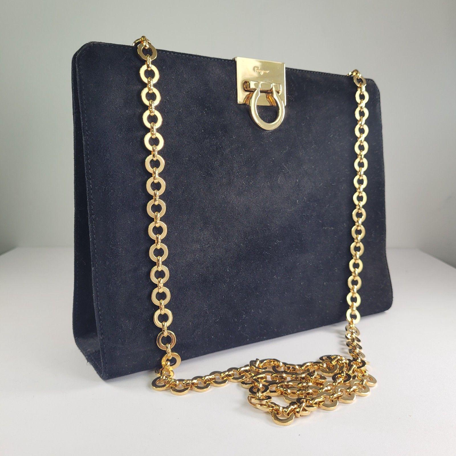 Vintage 90s Ferragamo Gancini Black Suede Shoulder Bag: Gold