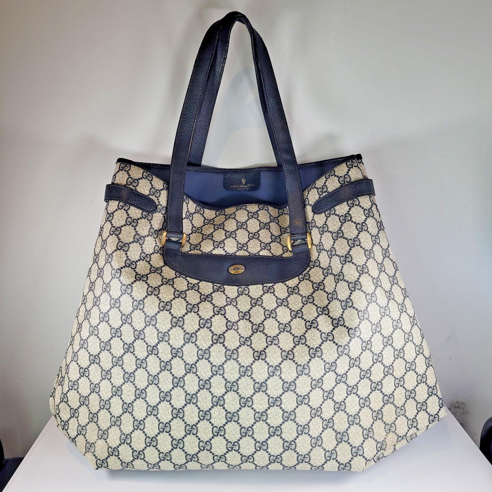 Gucci Vintage 1980s GG Canvas Tote Navy Blue Leather Trim Large