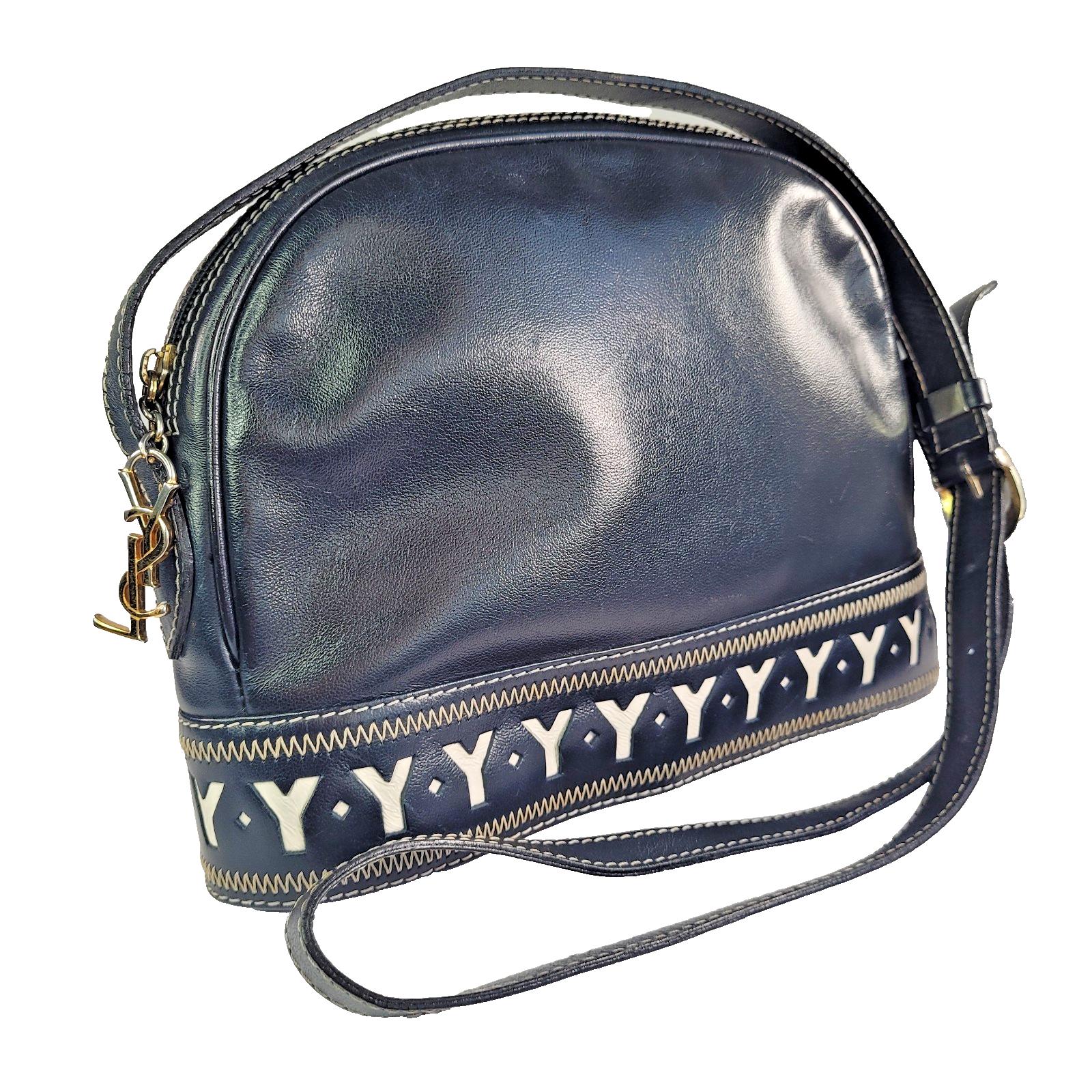 Vintage YSL Leather Shoulder Bag, 1980s Navy & White Y Logo - Etsy
