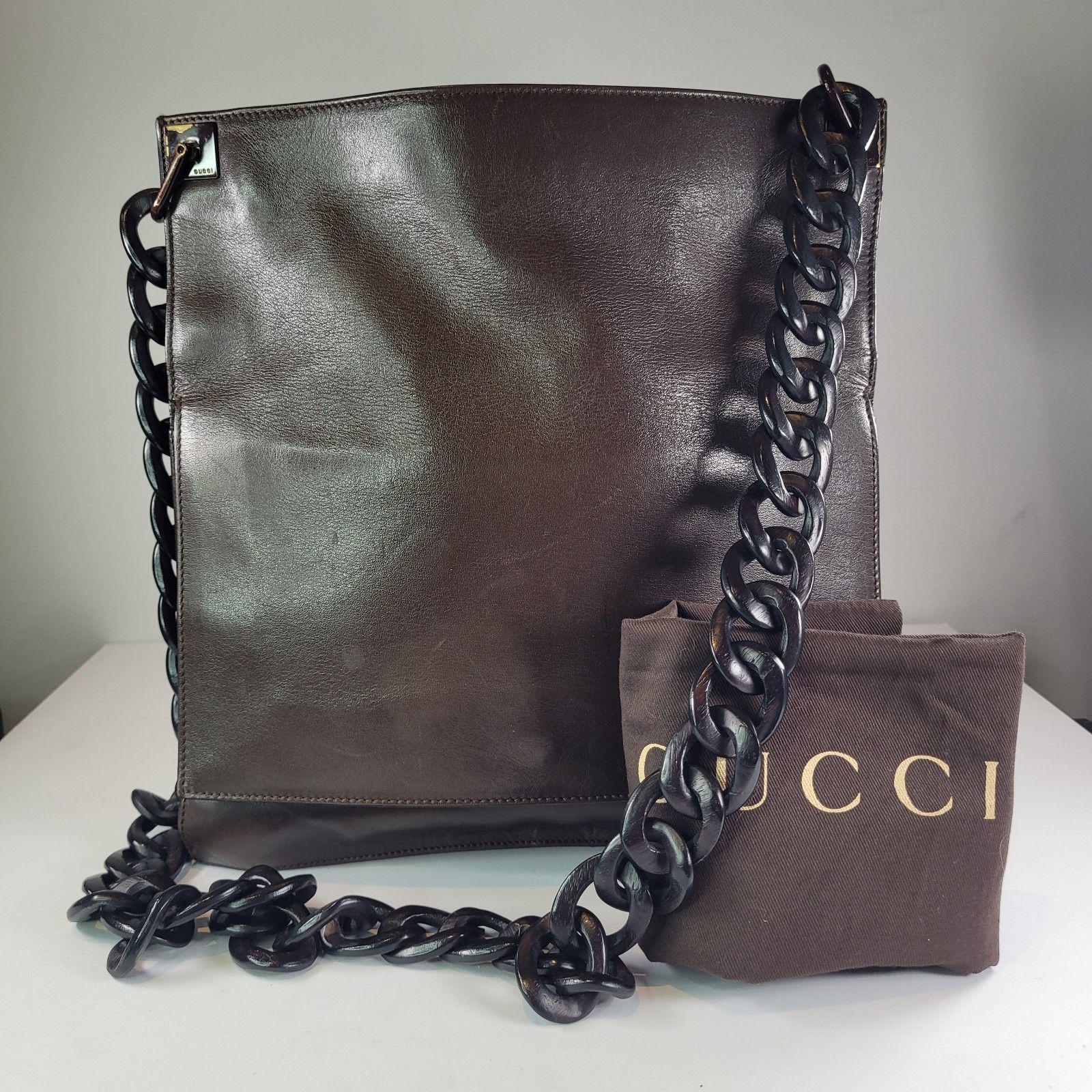 Vintage 90s Gucci Tom Ford Leather Shoulder Bag With Wooden Chain