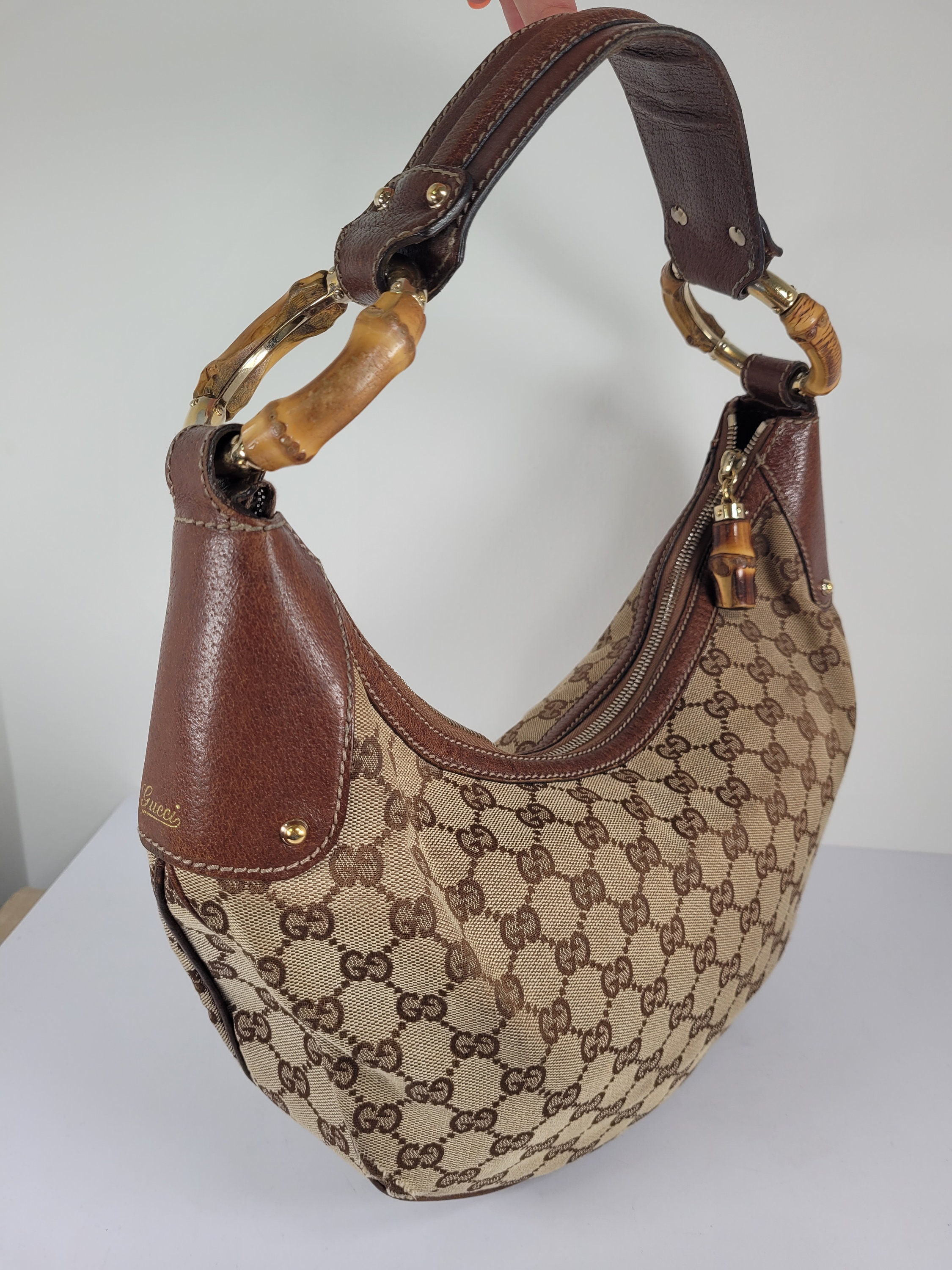 Preloved Vintage Gucci Beige and Brown GG Canvas Bamboo Bar Tote