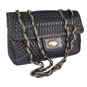 Bally Vintage Black Quilted Leather Double Flap Chain Shoulder Bag Swiss Made