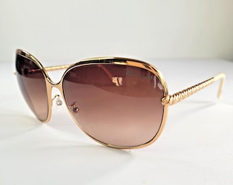 Vintage Blumarine Y2K Oversized Złote Okulary Przeciwsłoneczne Made in Italy Brązowe Gradientowe Okulary Designerskie Lata 2000.