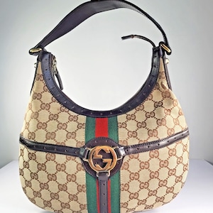 Bolso de hombro vintage Gucci GG Monogram Web Reins – Bolso hobo de diseñador italiano Y2K