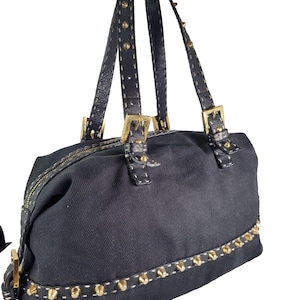 Fendi Selleria Black Canvas & Leather Shoulder Bag | Studded Designer Purse | Italian Luxury Bag