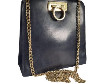 Vintage Salvatore Ferragamo Black Leather Gancini Chain