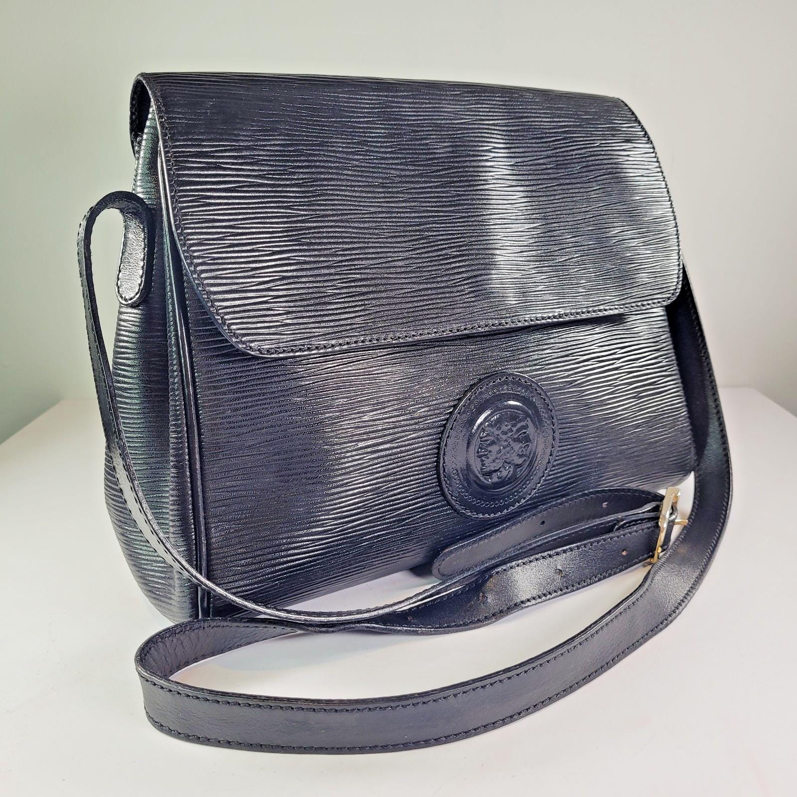 Vintage Fendi Janus Medallion Black Leather Crossbody Bag 1990s