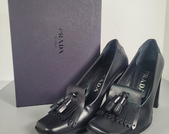 Buy PRADA Shoes. Prada Black Leather High Block Heels Shoes Size