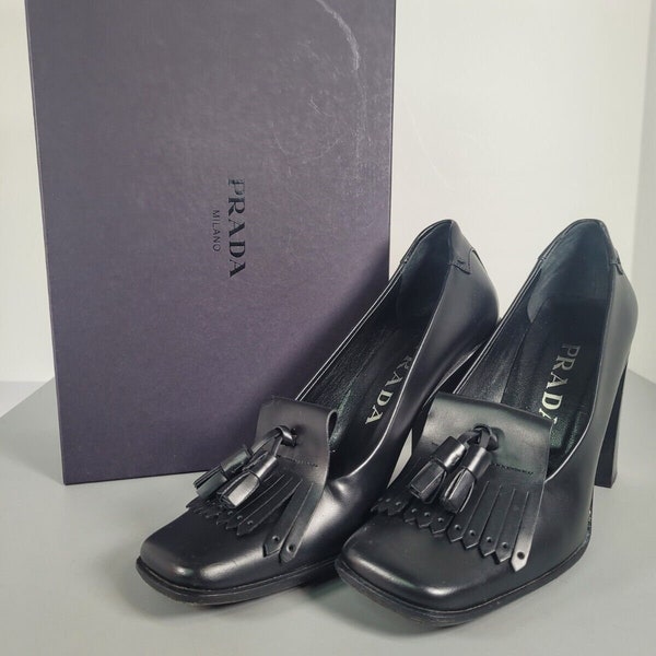 PRADA Shoes. Prada black leather high block heels shoes, Size EU 37.5, UK4.5, US 7.5