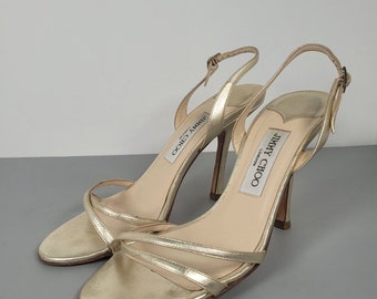 JIMMY CHOO Jasmin Metallic Gold Leder Riemchen-Sling-Back-Sandalen 38EU 5UK US8