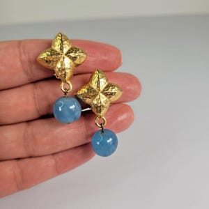 Vintage Givenchy Clip On Earrings 70s Gold Quatrefoil Blue Drop France Signed Paris New York Luxury Designer Statement Jewelry Gift