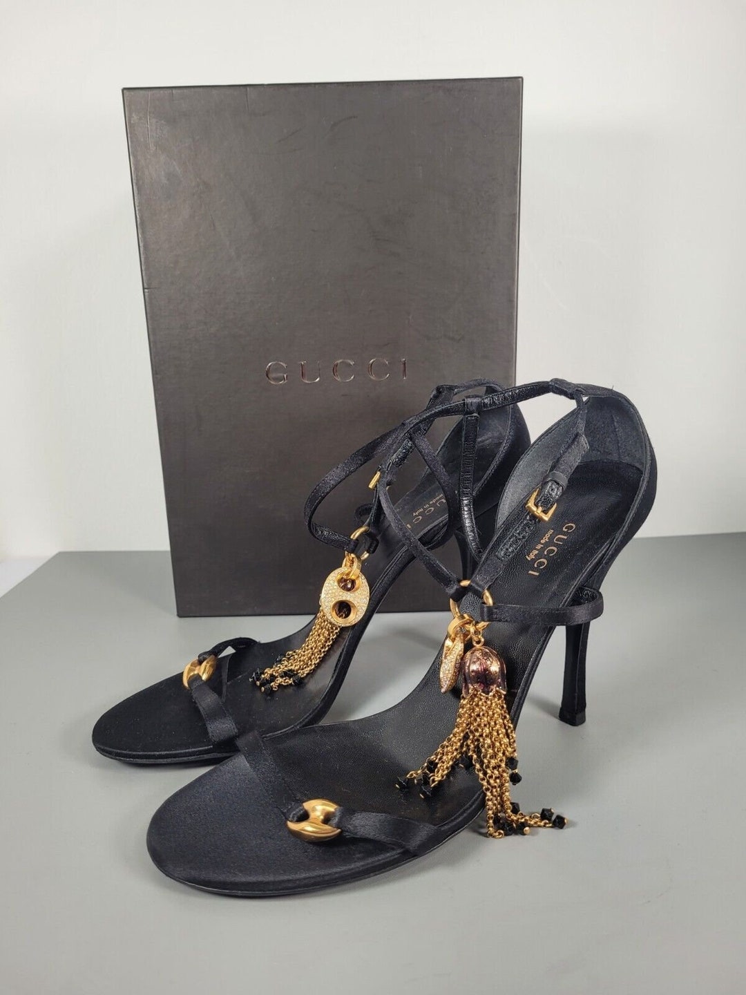 Gucci Vintage Black Satin High Heels With Charms UK 5, EU 38, US 8 - Etsy