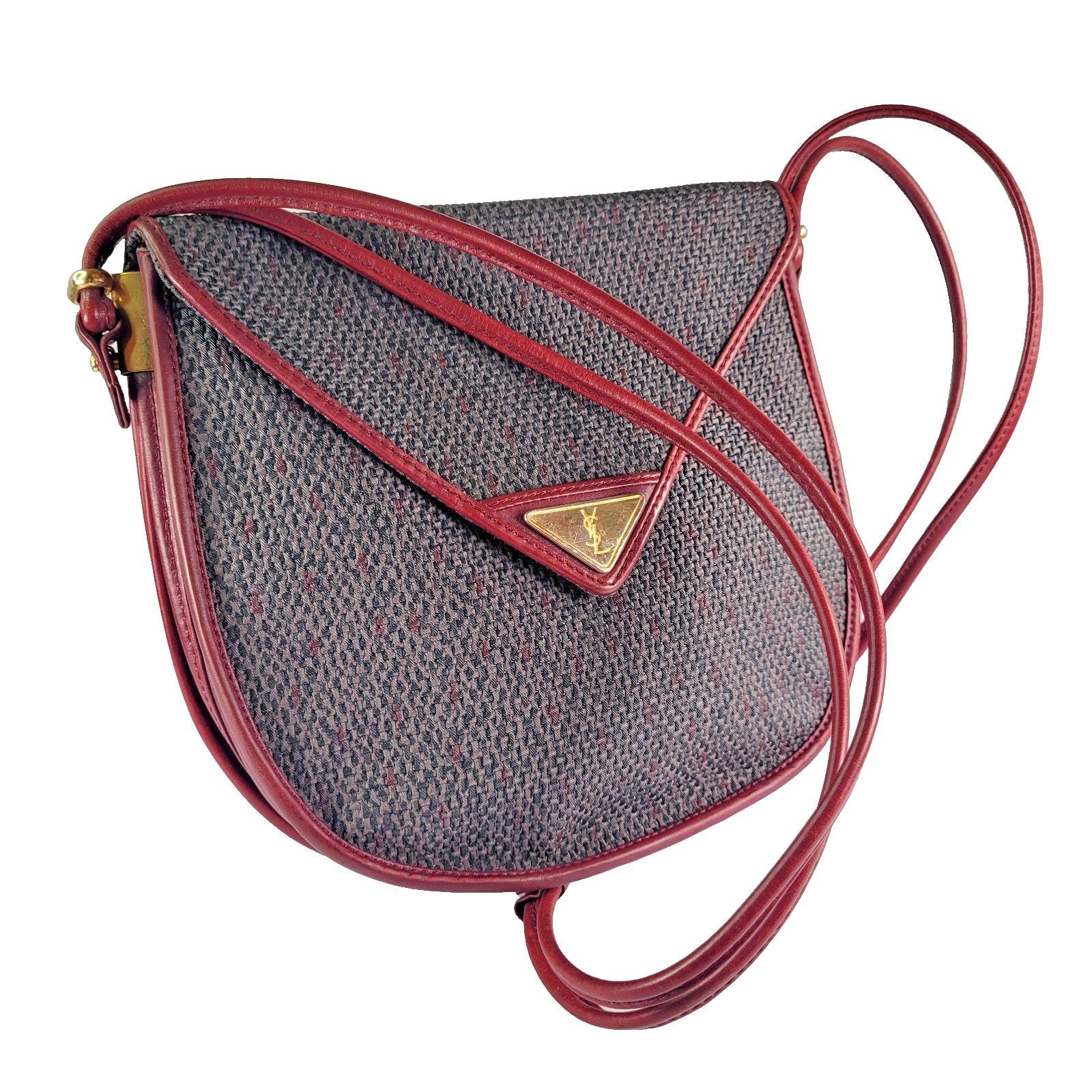 ショルダーバッグ YSL vintagebag Vintage YSL Crescent Shoulder Bag: Grey Coated Canvas & Burgundy
