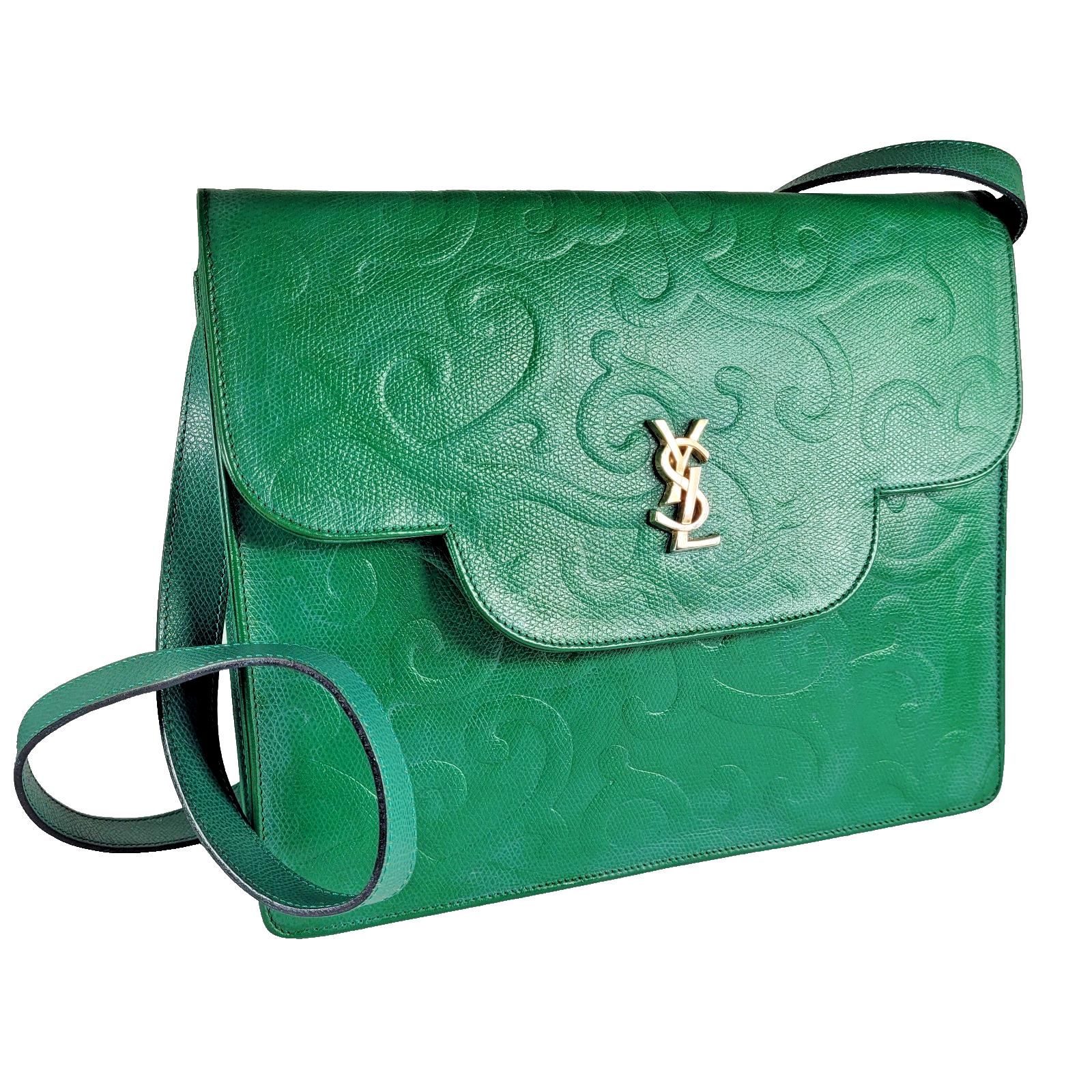 YSL Vintage 80s Green Leather Shoulder Bag Clutch Arabesque Yves