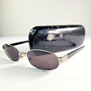 Vintage Gucci Oval Sunglasses | 90s Minimalist Gunmetal Designer Eyewear (Case Included)