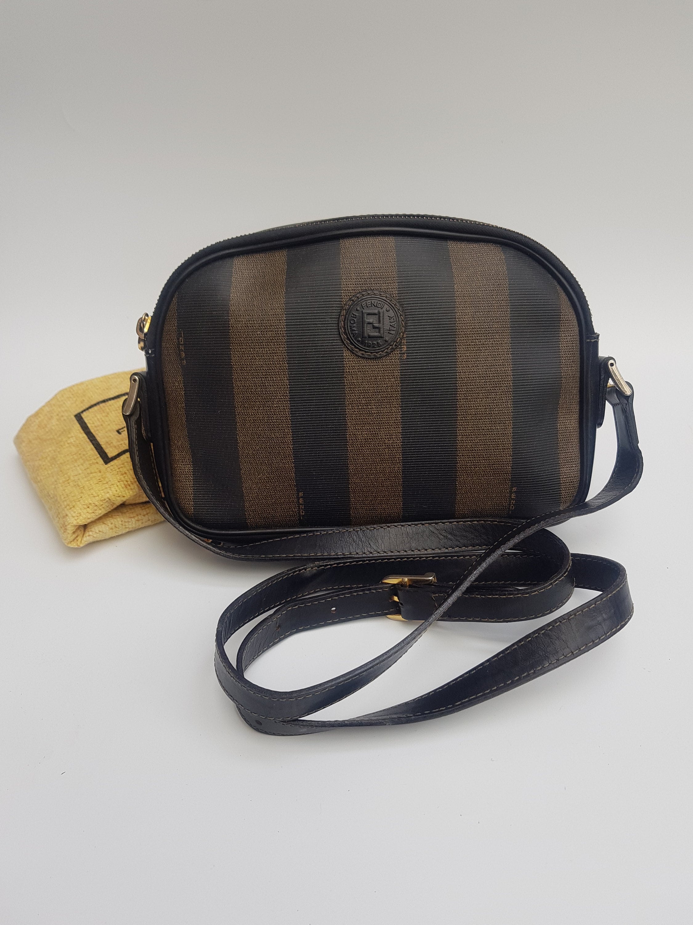 FENDI Bag. Fendi Vintage Black and Brown Pequin Crossbody/ 