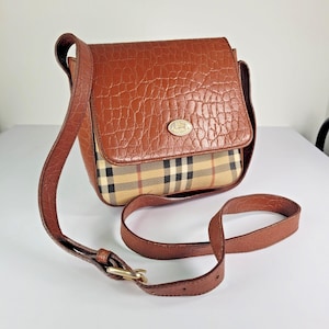 Vintage Burberry 80s Brown Crossbody Bag Check Pattern Leather Handbag Designer Purse Italy Made Square Medium Haymarket