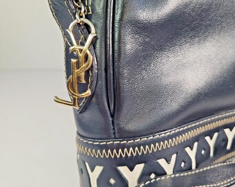 Vintage YSL Leather Shoulder Bag, 1980s Navy & White Y Logo - Etsy