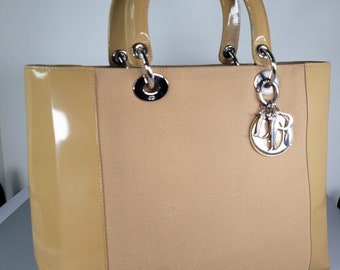 DIOR Bag. Vintage Christian Dior Lady Dior Dark Cream Canvas and leather bag.