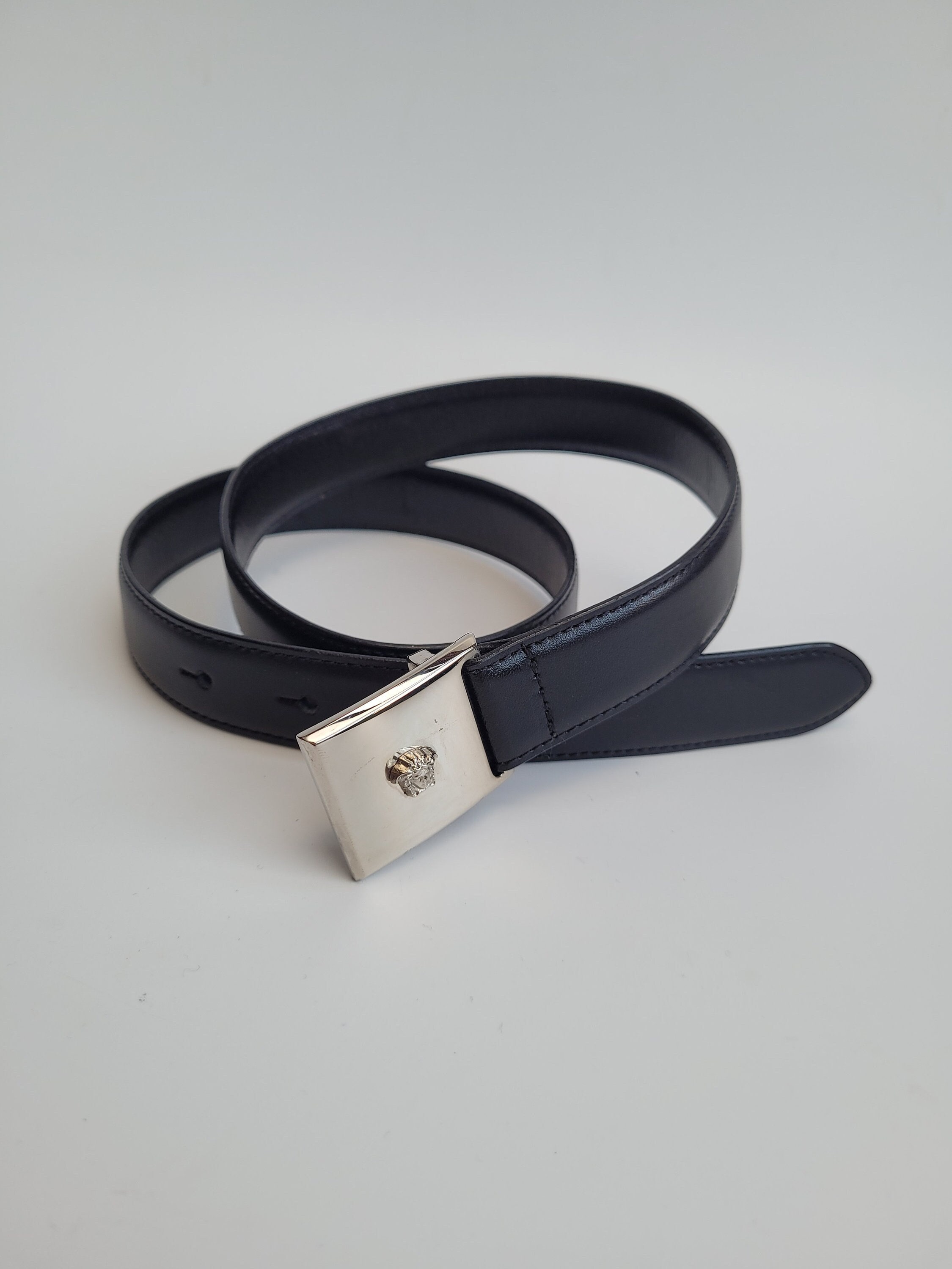 VERSACE Belt. Gianni Versace Vintage Black Leather and Silver Tone Medusa  Motive Waist Belt. Authentic Versace Belt.