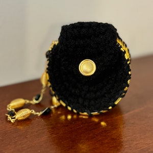 Gehäkelte Geldbörse mit Knopfverschluss, schwarz, vergoldet, Beutel Armband im Vintage-Stil, gestrickt, runde Münze, Brieftasche für Freund, Geschenk