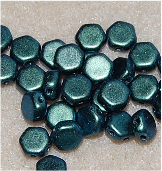 30x Czech Honeycomb Beads 6mm Hexagonal 2 Hole Motley Viridian