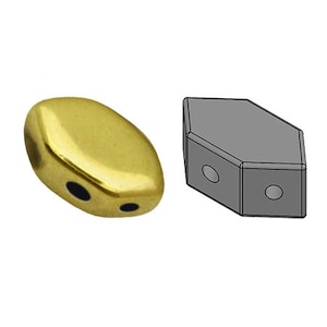 Op de afbeelding: Gouden metalen kraal met twee gaten. De kraal is traanvormig met een platte onderkant. De kraal wordt getoond naast een lijntekening van de kraal.