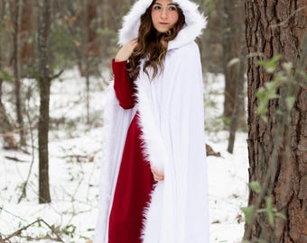 White Cloak With Large Hood, White Faux Fur Trim, and Metal Clasp