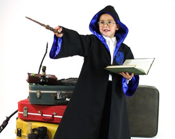 Youth Black Wizard Robe, Satin Lined Hooded Cloak, Fantasy Costume