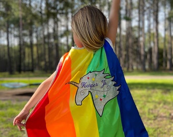 Personalized Rainbow Unicorn Cape | Custom Superhero Cape with Unicorn Emblem | Available in Youth and Adult Sizes
