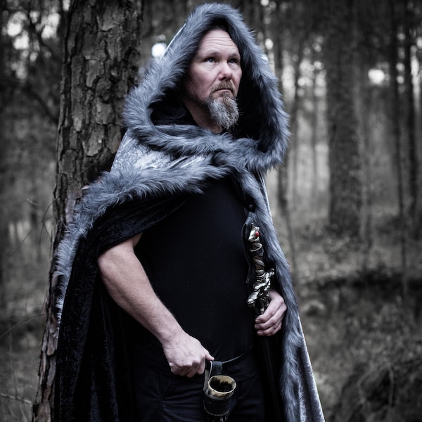 Adult Medieval Hooded Cloak with Faux Fur Trim and Leather Straps | Barbarian Viking Warrior Cloak |  Cosplay LARP Costume