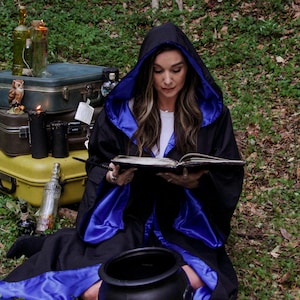 Adult Black Wizard Robe with sleeves, hood, and satin liner | Medieval Fantasy Magician Cosplay Cloak, LARP Hooded Cape with sleeves