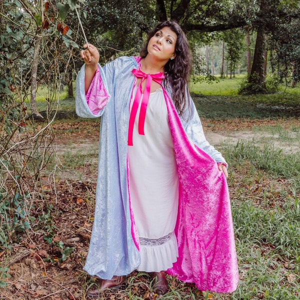 Fairy Godmother Hooded Cloak | Double-sided Light Blue and Magenta Robe, Cinderella Cape with hood and sleeves