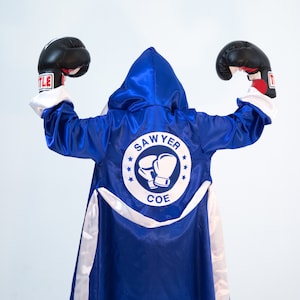 Kids Personalized Satin Boxing Robe with Embroidered Logo | Custom Color Fighter Wrestling Cape with hood and sleeves