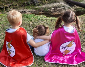 Big Sister Superhero Cape | Magenta Satin, Glitter Applique